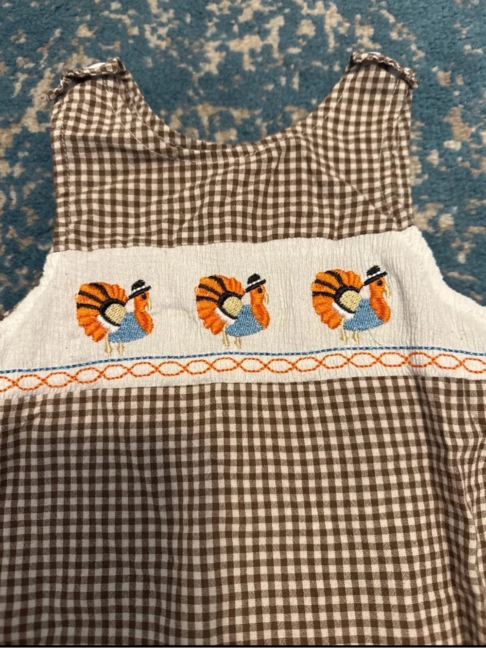 Smocked Gingham Turkey Romper - Brown